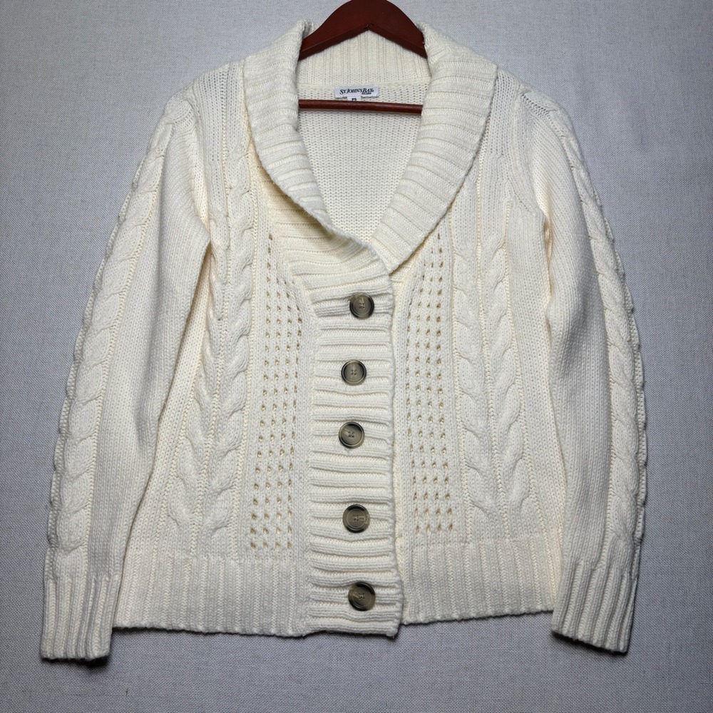 St Johns Bay Cream Cable Knit Shawl Collar Cardigan Sweater PS